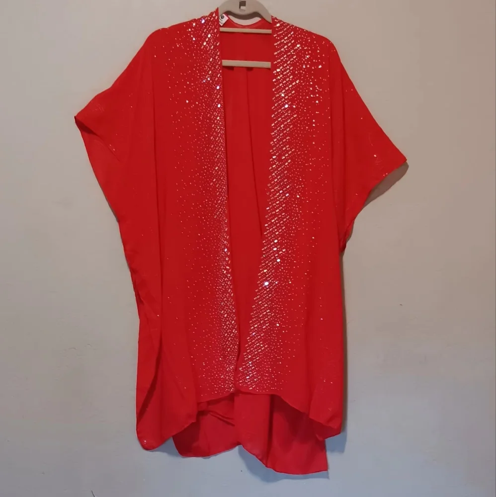 Jessica McClintock Red Kimono Women Open Front Oversized‎ Short Sleeve Valentine